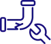 Blue outline icon of a bent pipe with a wrench underneath, symbolizing plumbing or pipe repair services.