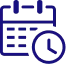 Dark blue icon of a calendar with a clock in front, representing scheduling or an appointment.