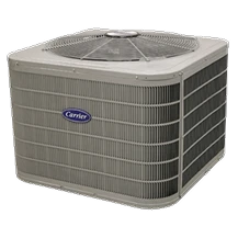 A gray Carrier outdoor air conditioning unit with a metal grille and fan on top.
